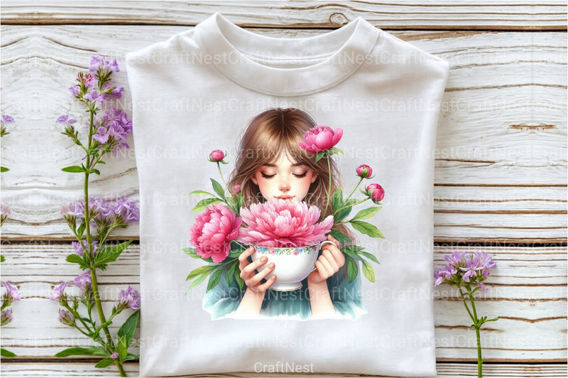 Girl with Peonies Flower Clipart Bundle 6 - CraftNest - Digital Crafting and Art