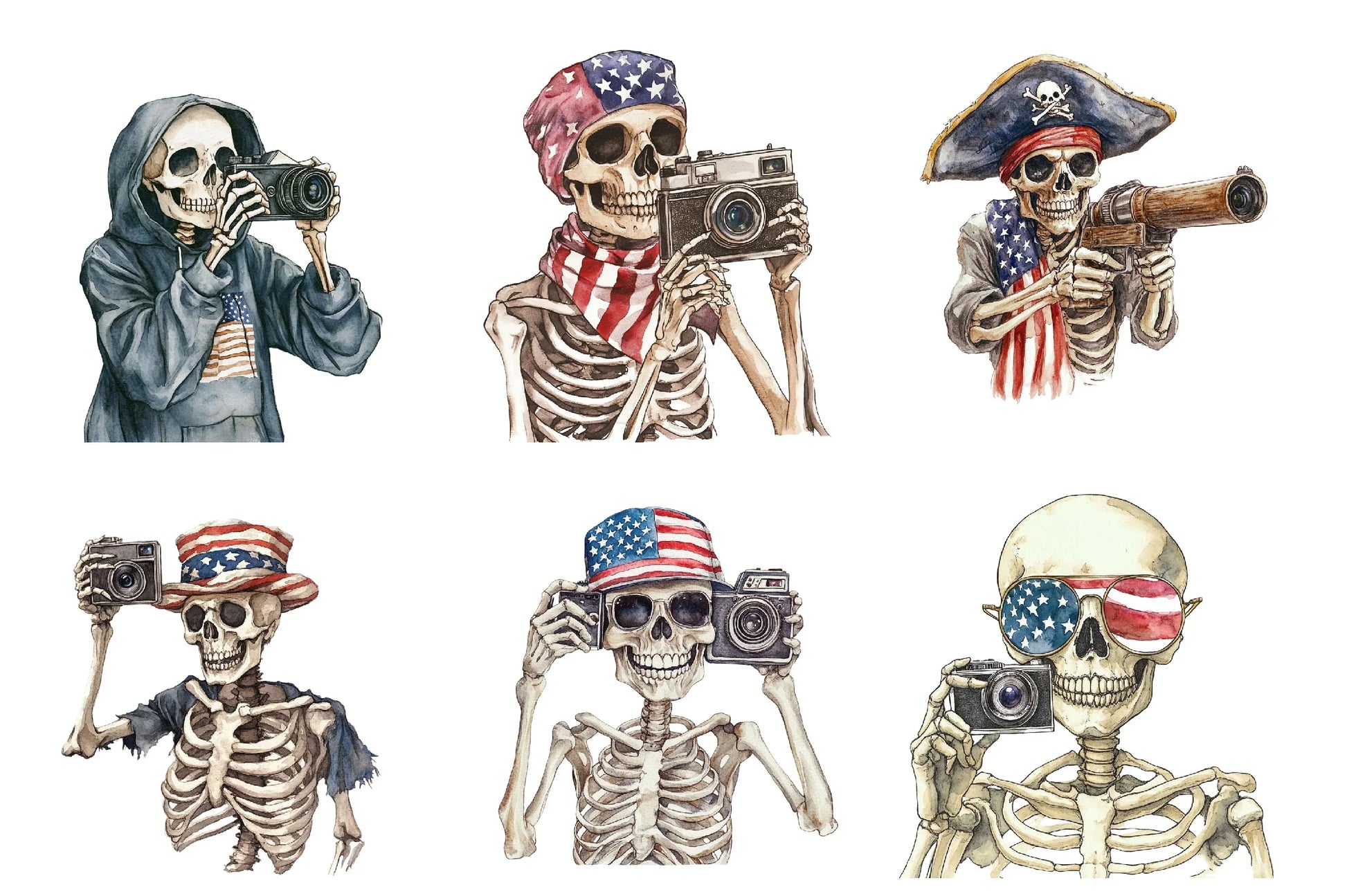 Vintage Skeleton Holding Camera Clipart Bundle - USA Flag Theme - CraftNest - Digital Crafting and Art