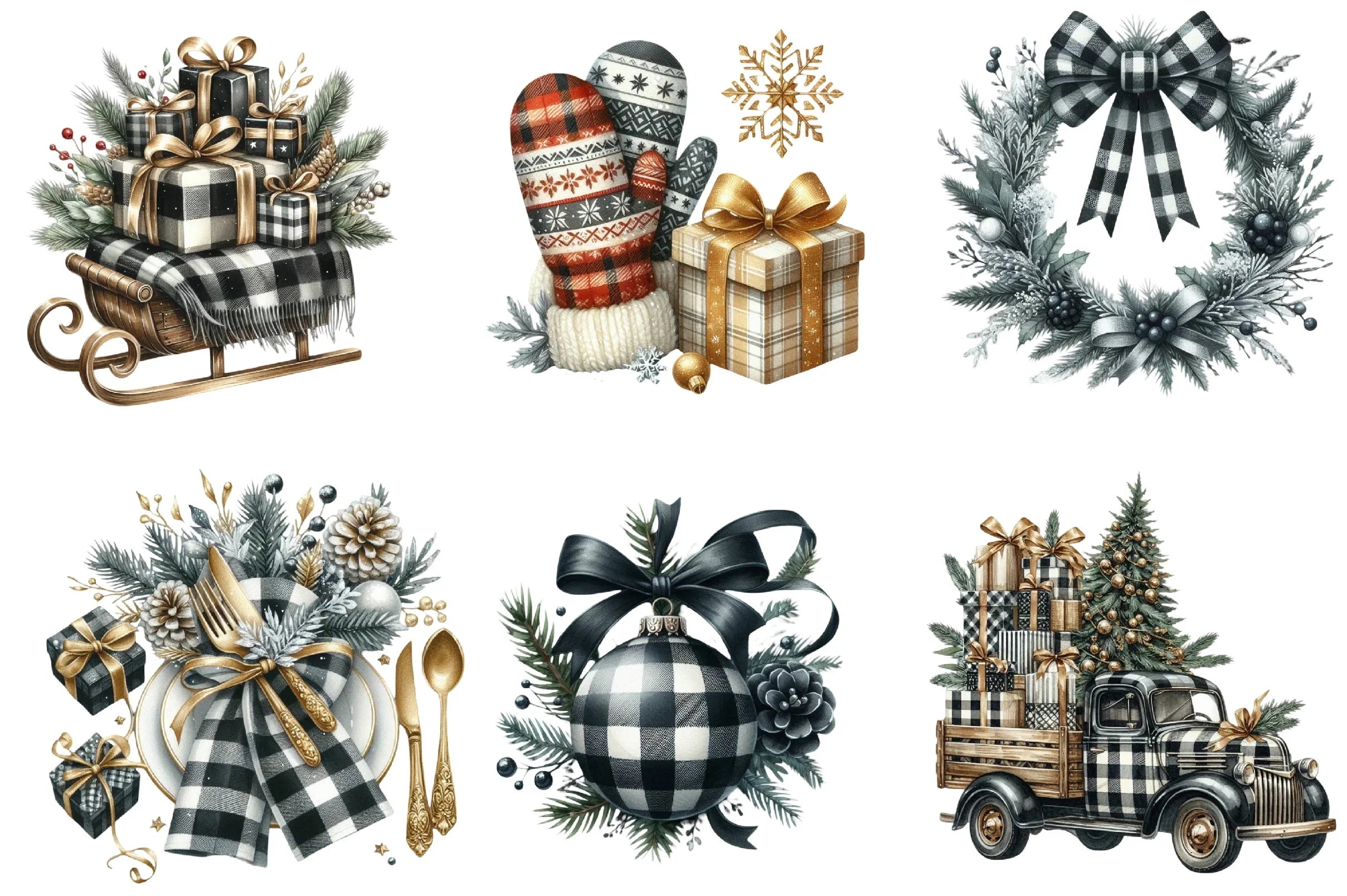 Luxury Plaid Black & White Christmas Clipart Bundle - CraftNest - Digital Crafting and Art