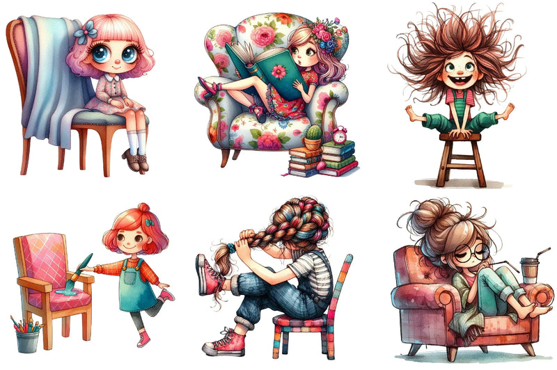 Quirky Girl with Chair Clipart Bundle - CraftNest - Digital Crafting and Art