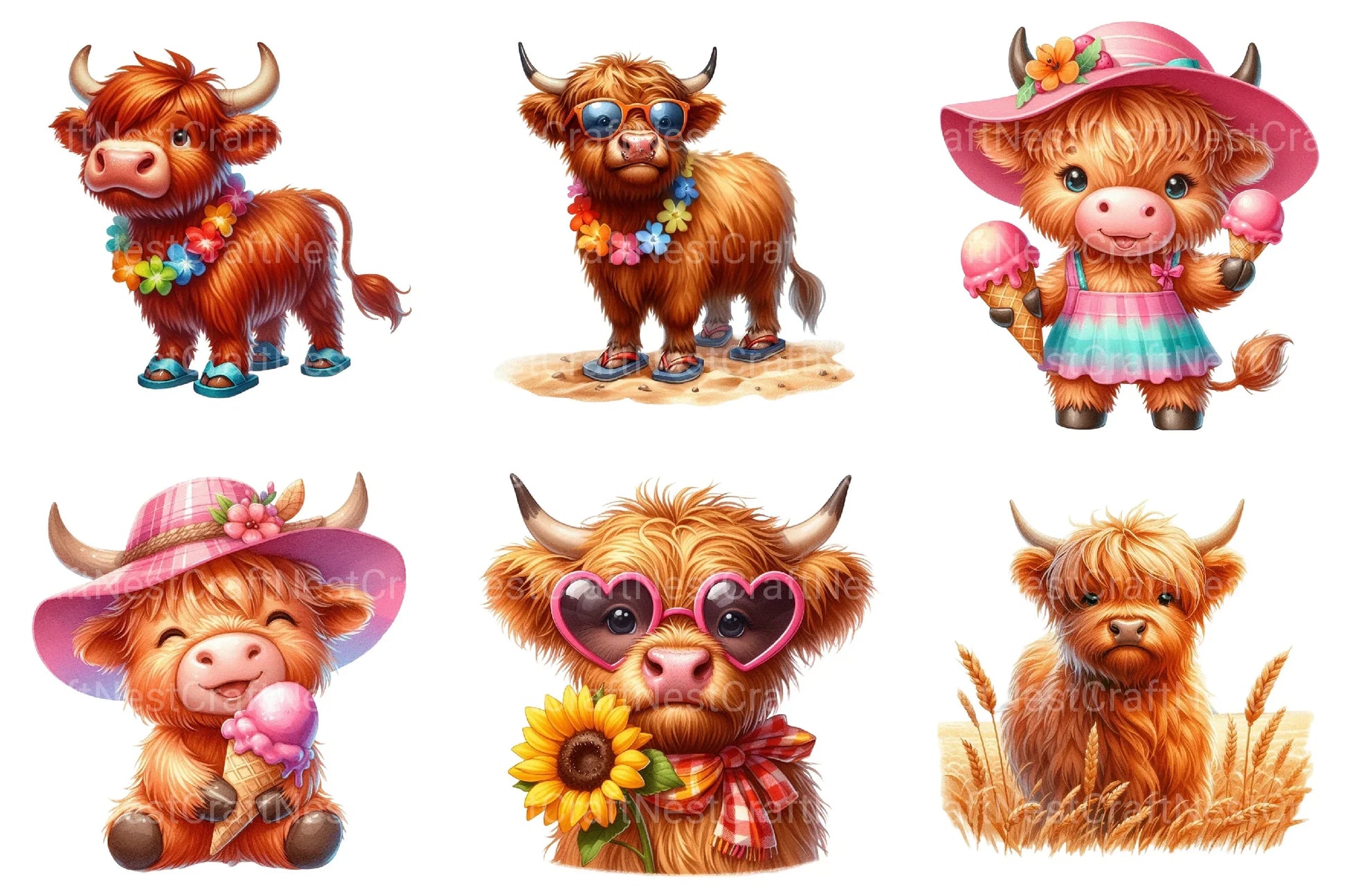 Summer Cute Highland Cow Clipart Bundle 1 - CraftNest - Digital Crafting and Art