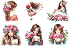 Girl with Peonies Flower Clipart Bundle - CraftNest - Digital Crafting and Art