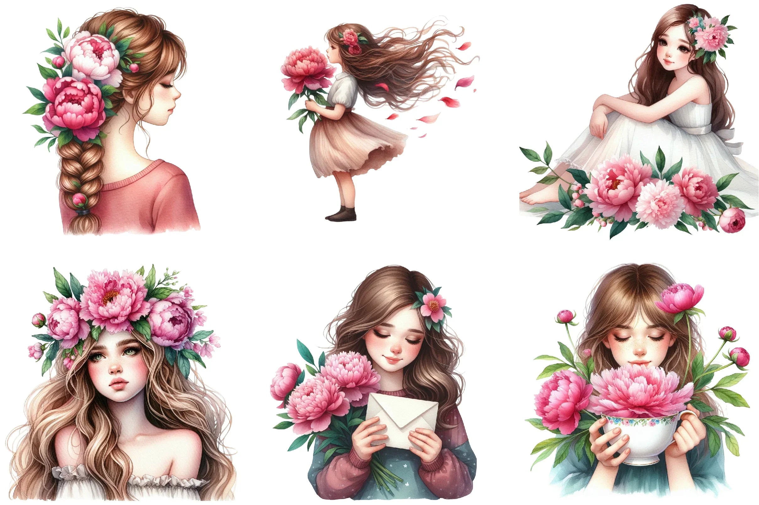 Girl with Peonies Flower Clipart Bundle - CraftNest - Digital Crafting and Art