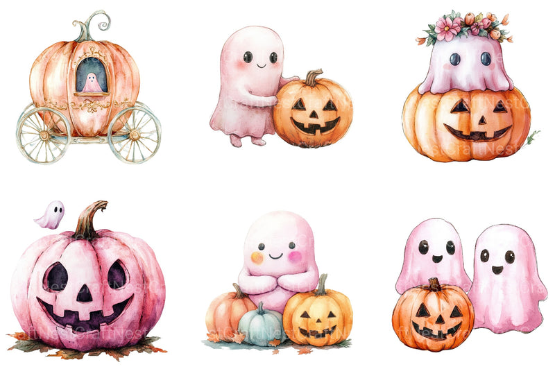 Cute Pink Ghost Pumpkin Halloween Clipart Bundle - CraftNest - Digital Crafting and Art