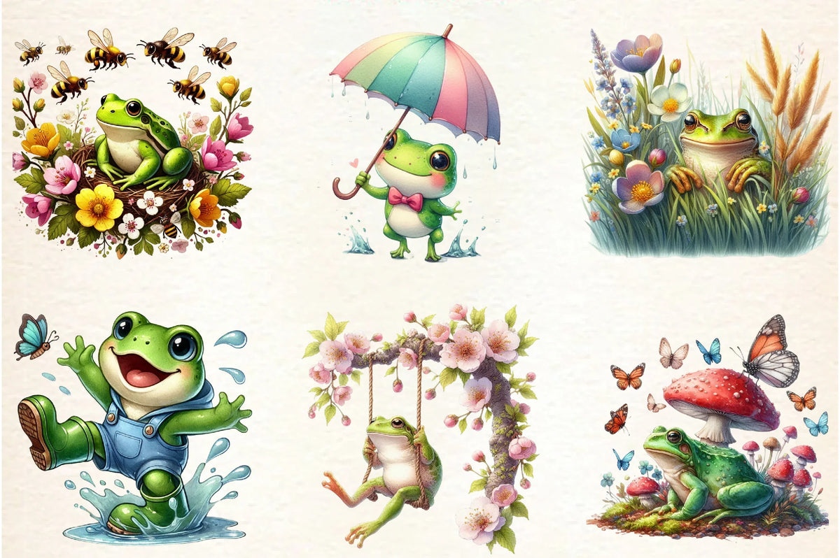 Spring Frog Drawing Cute Frog Spring Clipart Bundle