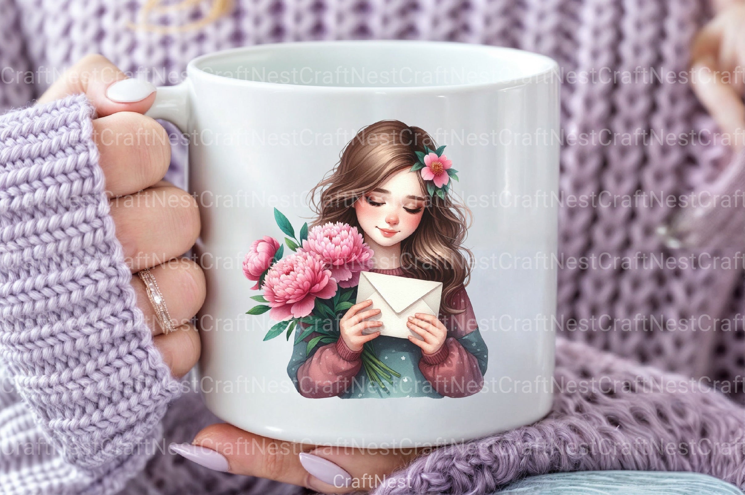 Girl with Peonies Flower Clipart Bundle 5 - CraftNest - Digital Crafting and Art