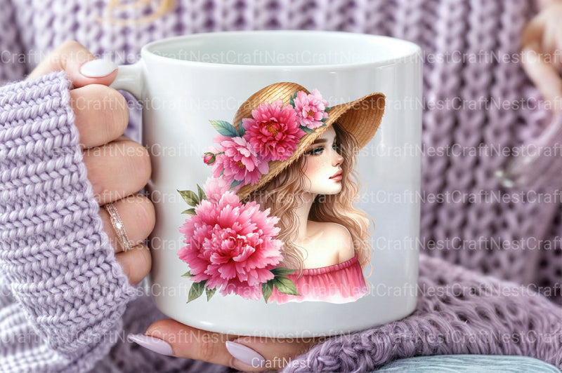 Girl with Peonies Flower Clipart Bundle - CraftNest - Digital Crafting and Art