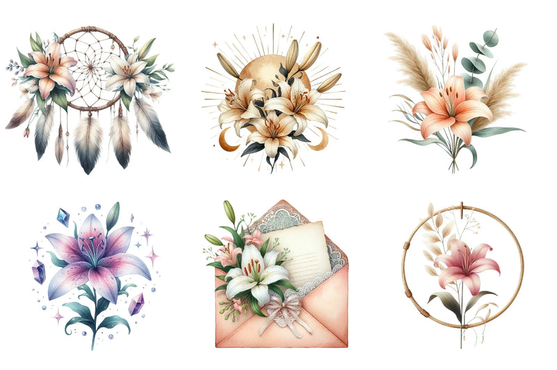 Lily Flower Boho Clipart Bundle - CraftNest - Digital Crafting and Art