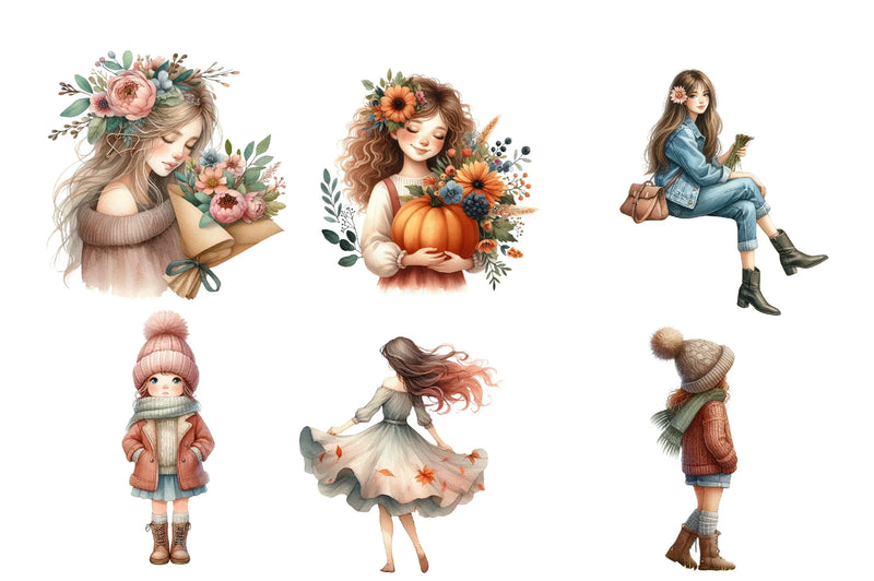 Girls with Fall Flowers Clipart Bundle - CraftNest - Digital Crafting and Art