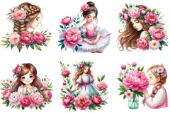 Girl with Peonies Flower Clipart Bundle - CraftNest - Digital Crafting and Art