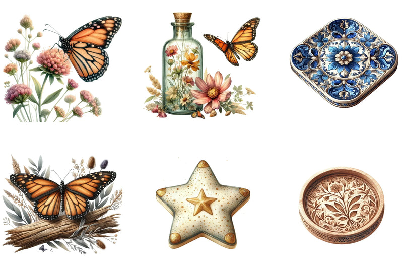 Monarch Butterfly Coaster Dahlia Flower Clipart Bundle - CraftNest - Digital Crafting and Art