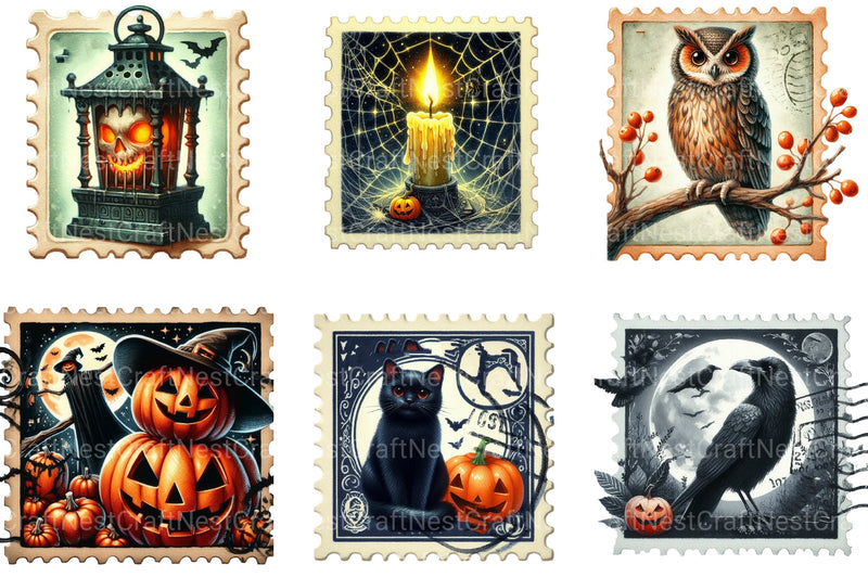 Vintage Halloween Postage Stamp Clipart Bundle - CraftNest - Digital Crafting and Art