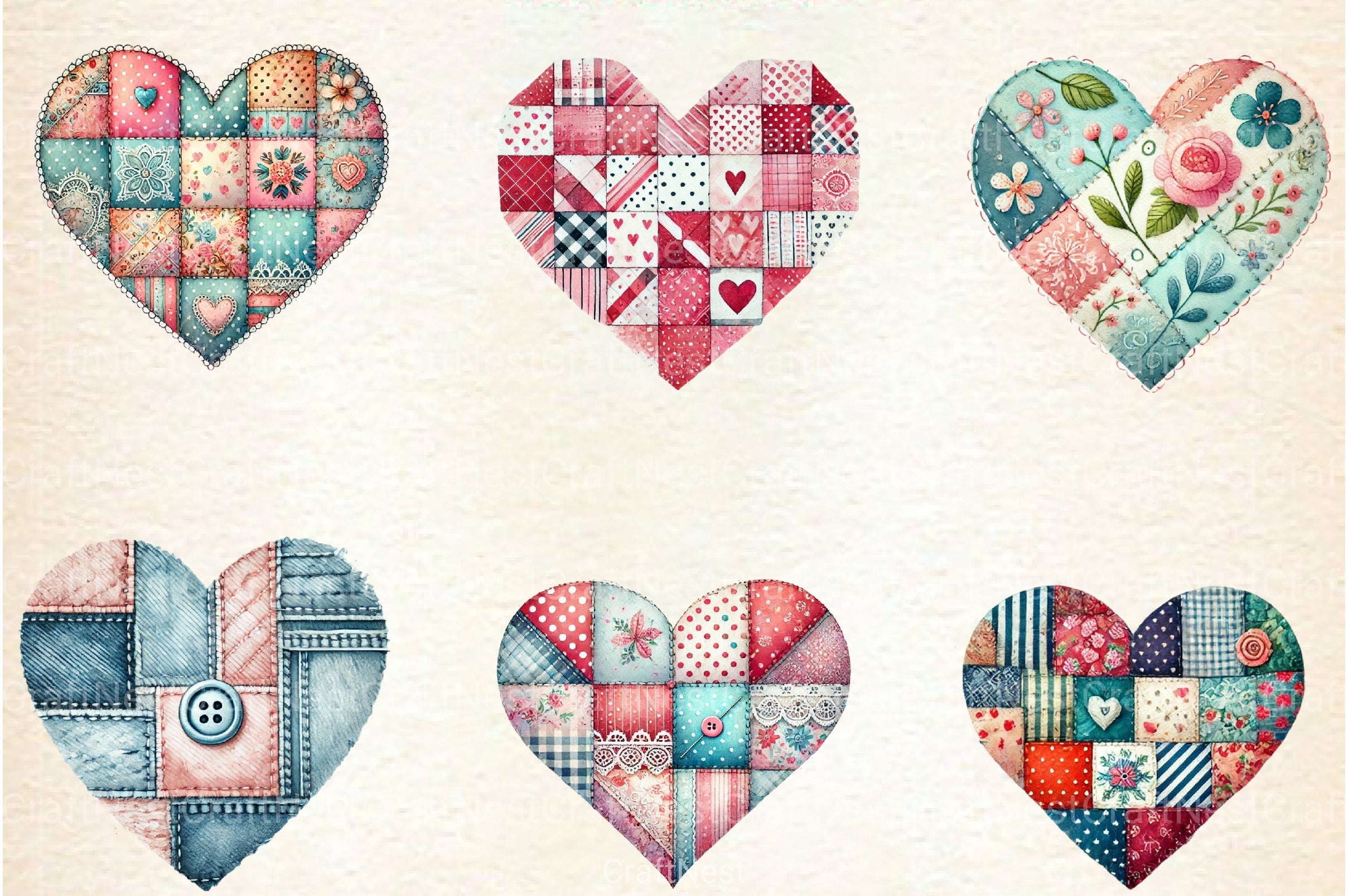 Patchwork Heart Valentine's Day Clipart Bundle 99 - CraftNest - Digital Crafting and Art