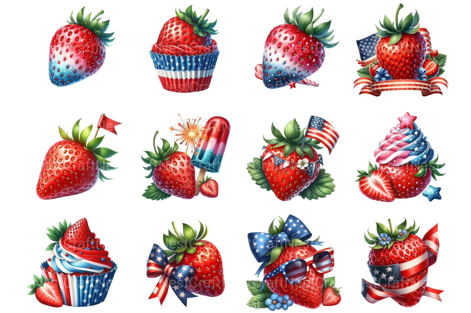 4th of July Strawberry Clipart Bundle - CraftNest - Digital Crafting and Art