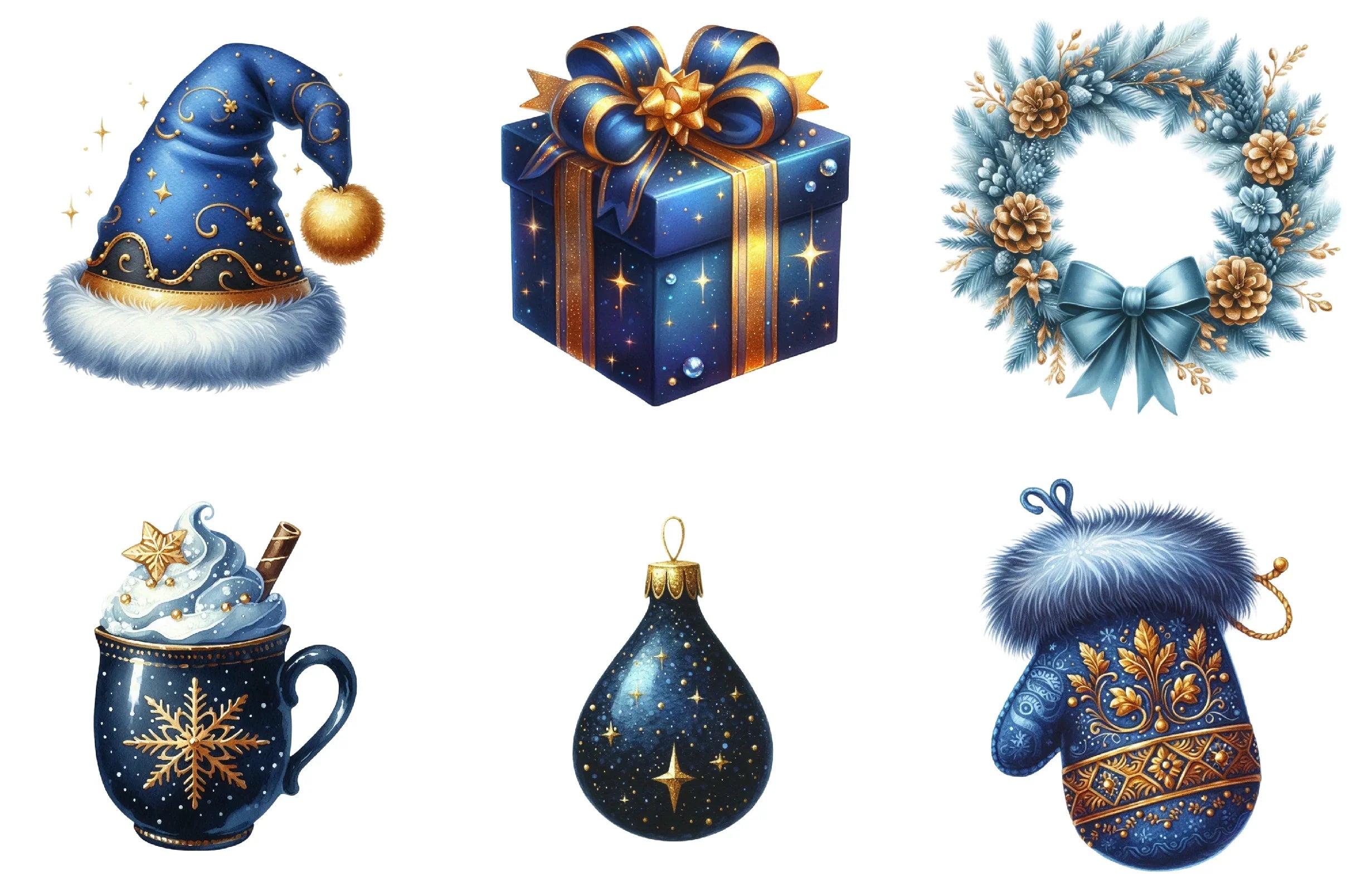 Blue and Gold Christmas Clipart Bundle - CraftNest - Digital Crafting and Art