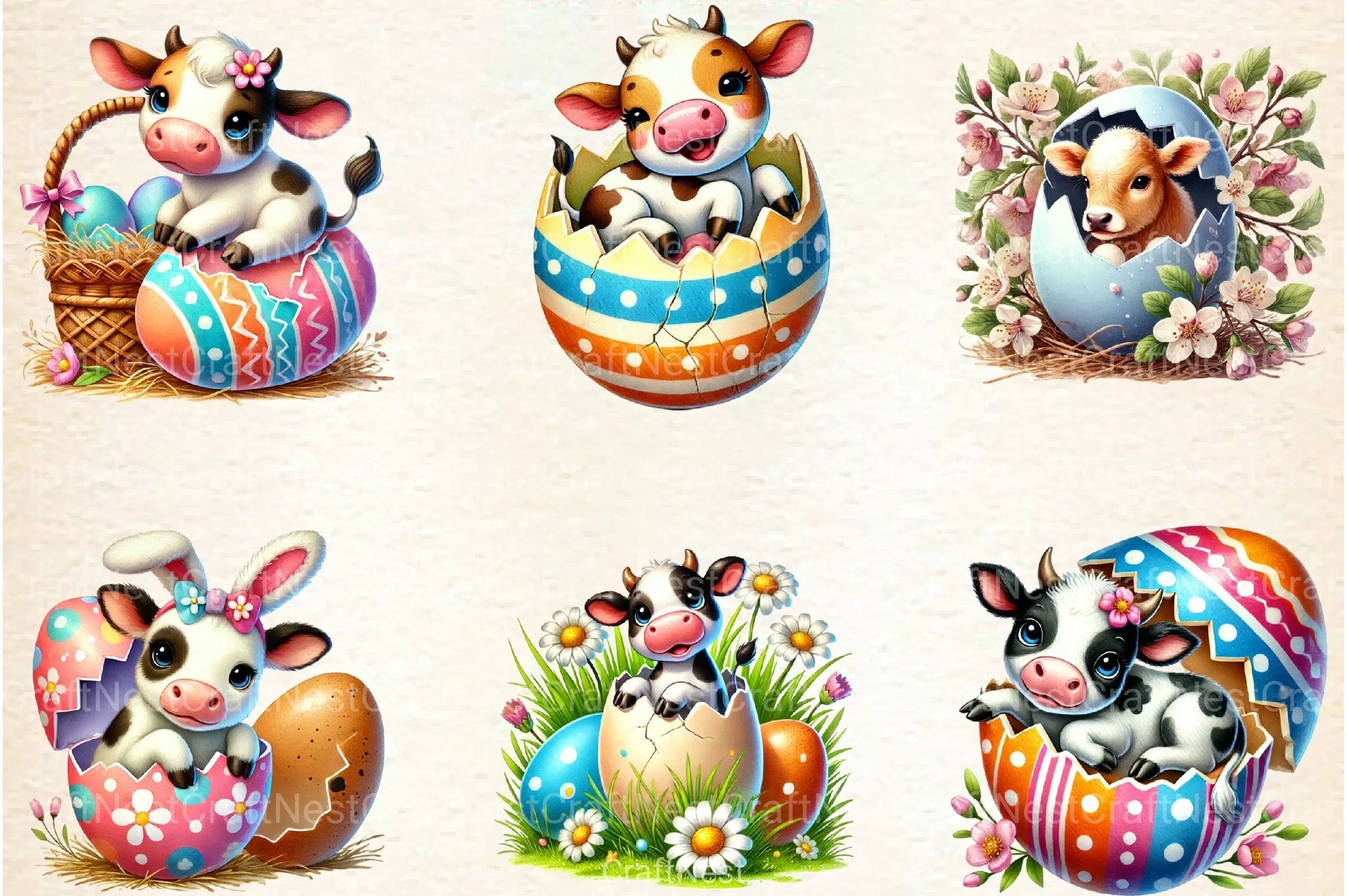 Easter Cow on Cracked Egg Clipart Bundle 99 - CraftNest - Digital Crafting and Art