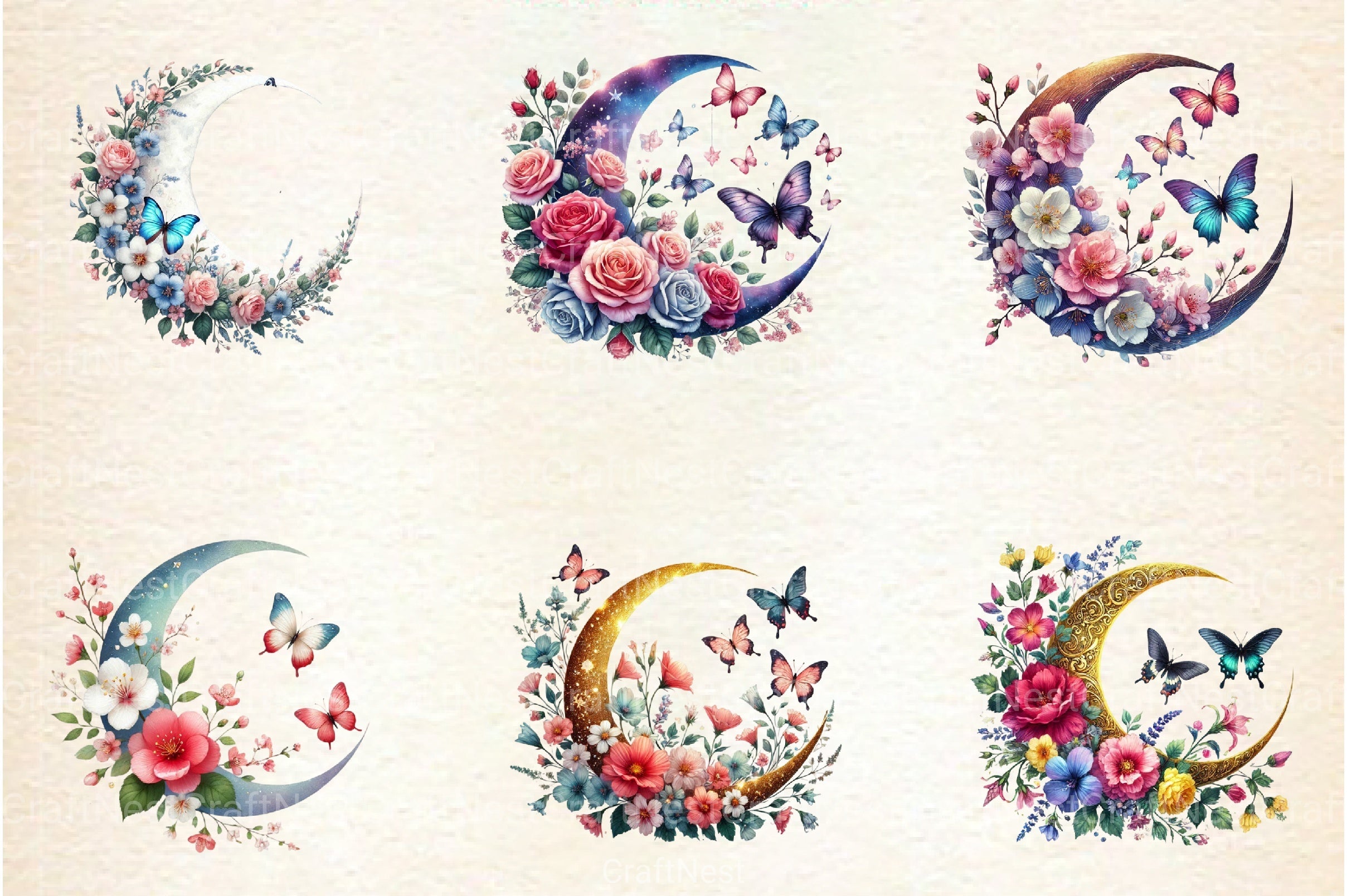 Butterfly and Flower Moon Clipart Bundle - CraftNest - Digital Crafting and Art