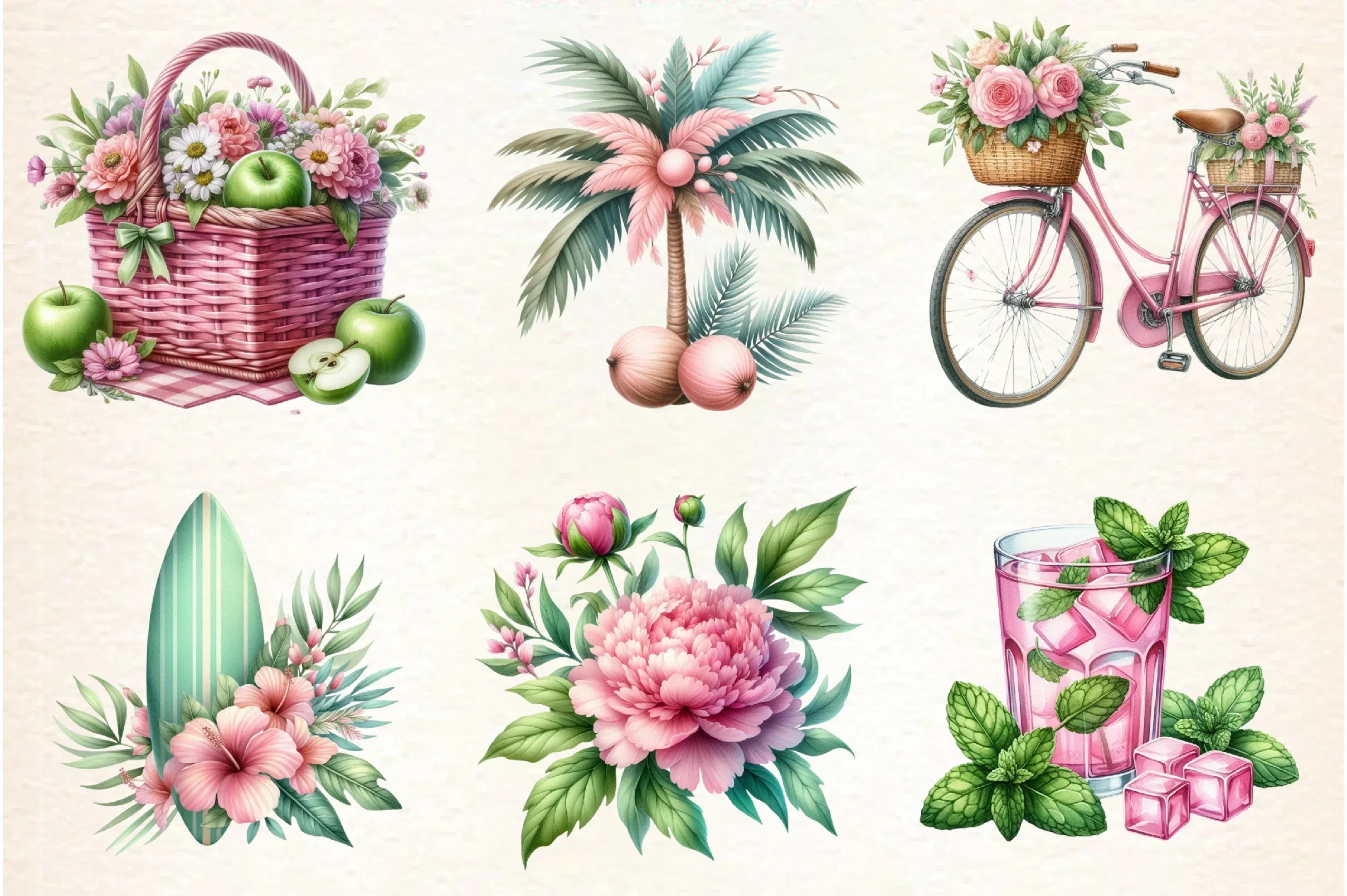 Pink and Green Summer Clipart Bundle - CraftNest - Digital Crafting and Art