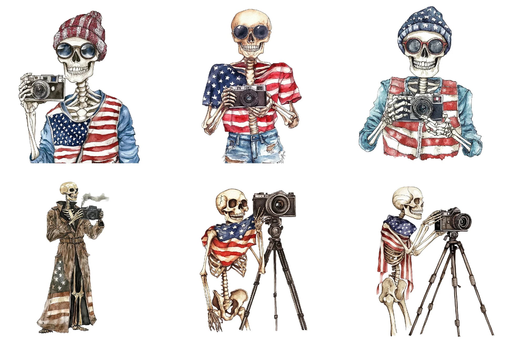 Vintage Skeleton Holding Camera Clipart Bundle - USA Flag Theme - CraftNest - Digital Crafting and Art