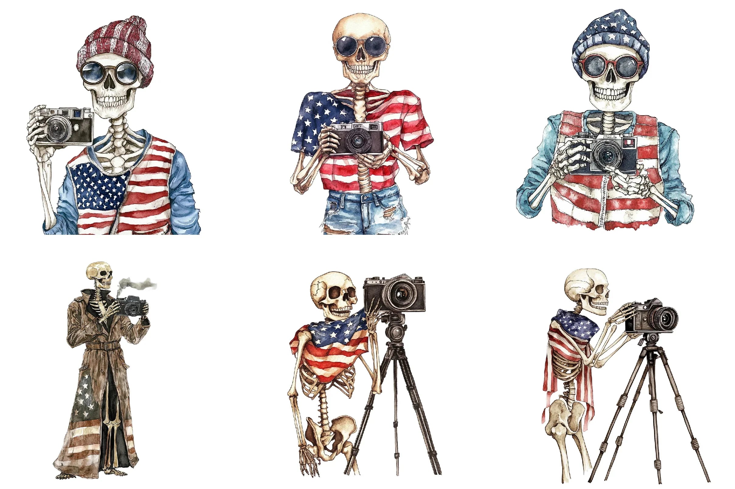Vintage Skeleton Holding Camera Clipart Bundle - USA Flag Theme - CraftNest - Digital Crafting and Art