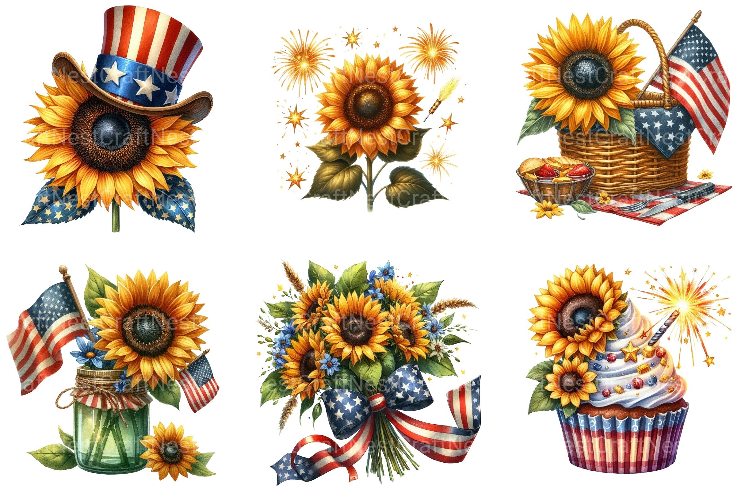 4th of July Sunflower Clipart Bundle 99 - CraftNest - Digital Crafting and Art