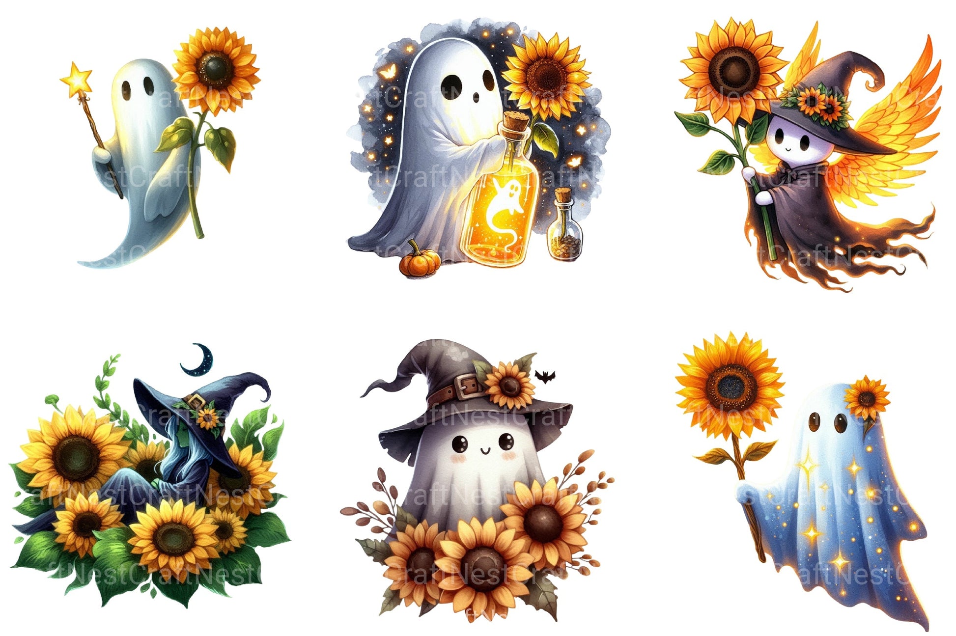 Witchy Sunflower Ghost Halloween Clipart Bundle - CraftNest - Digital Crafting and Art