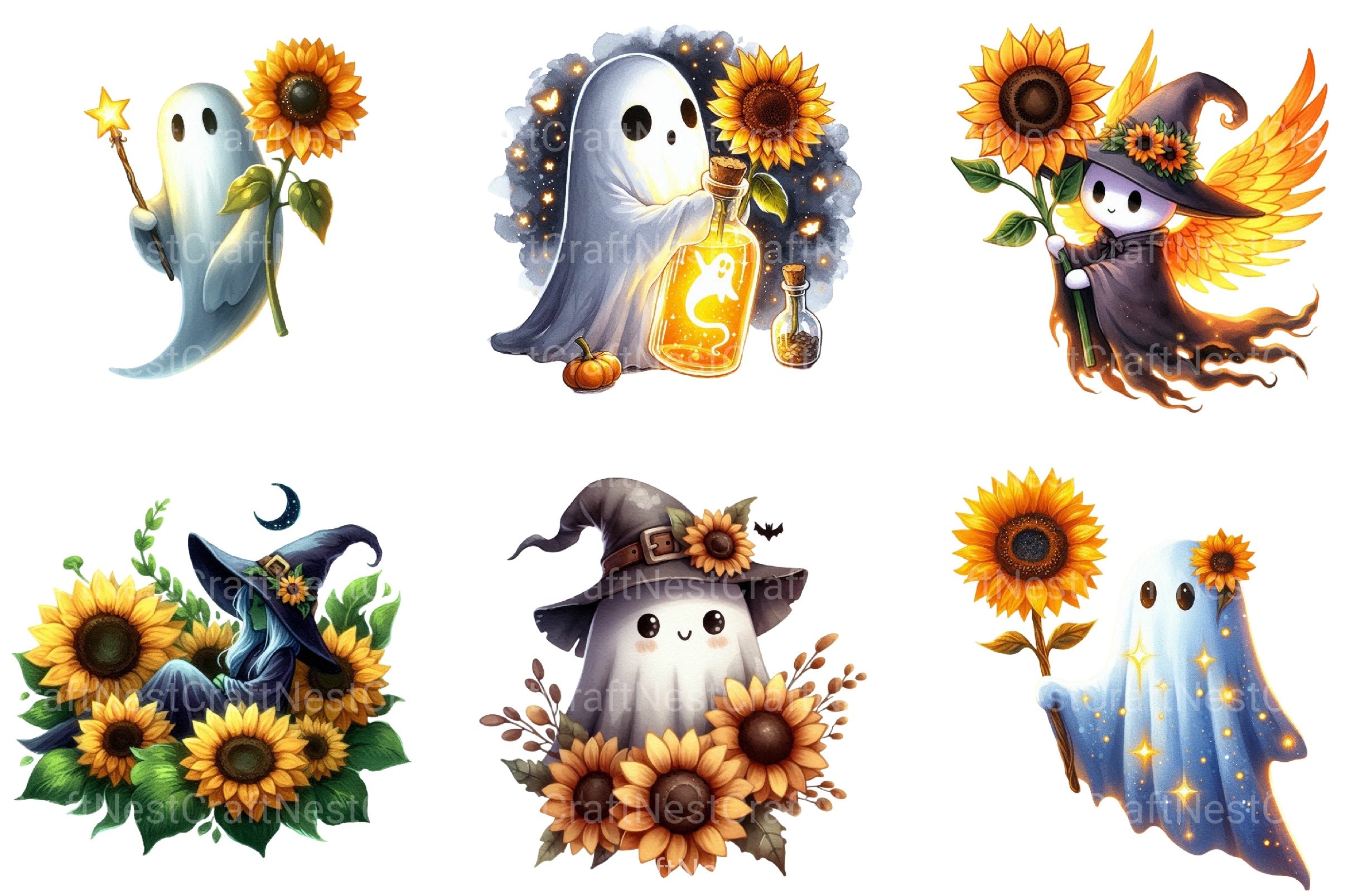 Witchy Sunflower Ghost Halloween Clipart Bundle - CraftNest - Digital Crafting and Art