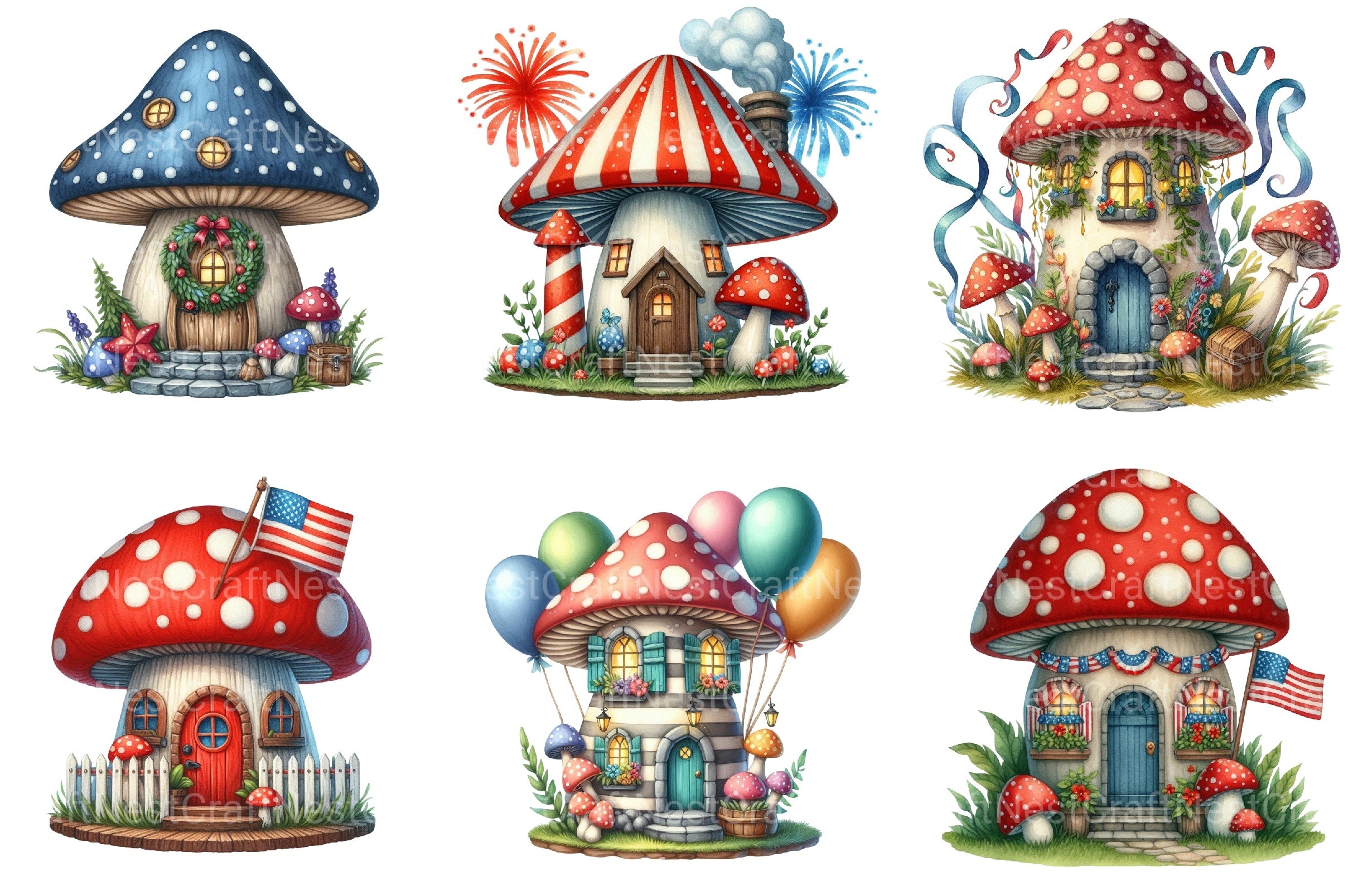 4th of July Mushroom House Clipart Bundle - CraftNest - Digital Crafting and Art