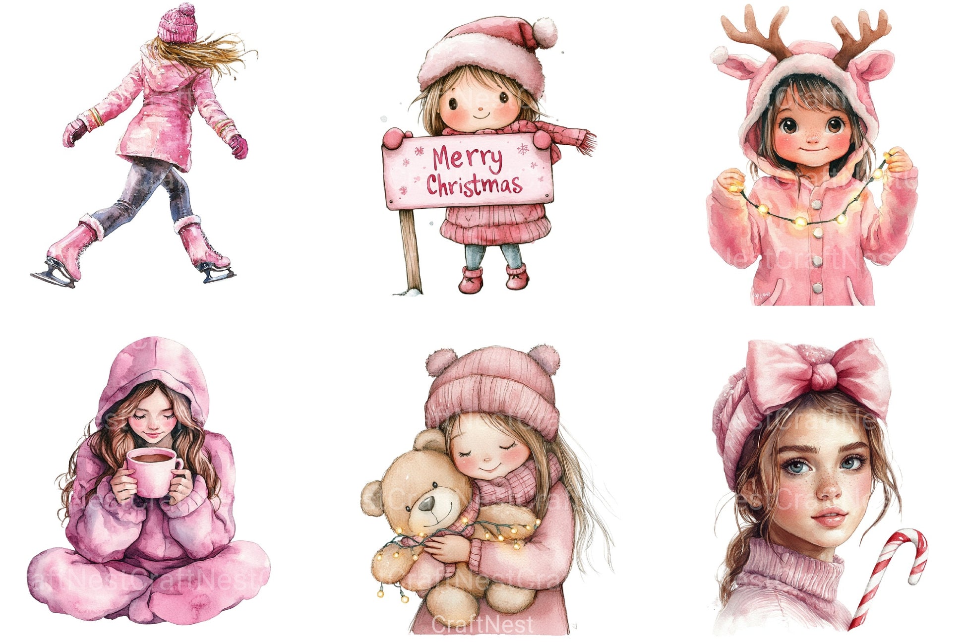 Cute Girl Pink Christmas Clipart Bundle - CraftNest - Digital Crafting and Art