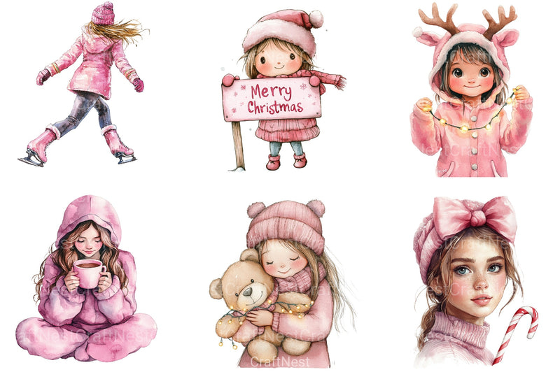Cute Girl Pink Christmas Clipart Bundle - CraftNest - Digital Crafting and Art