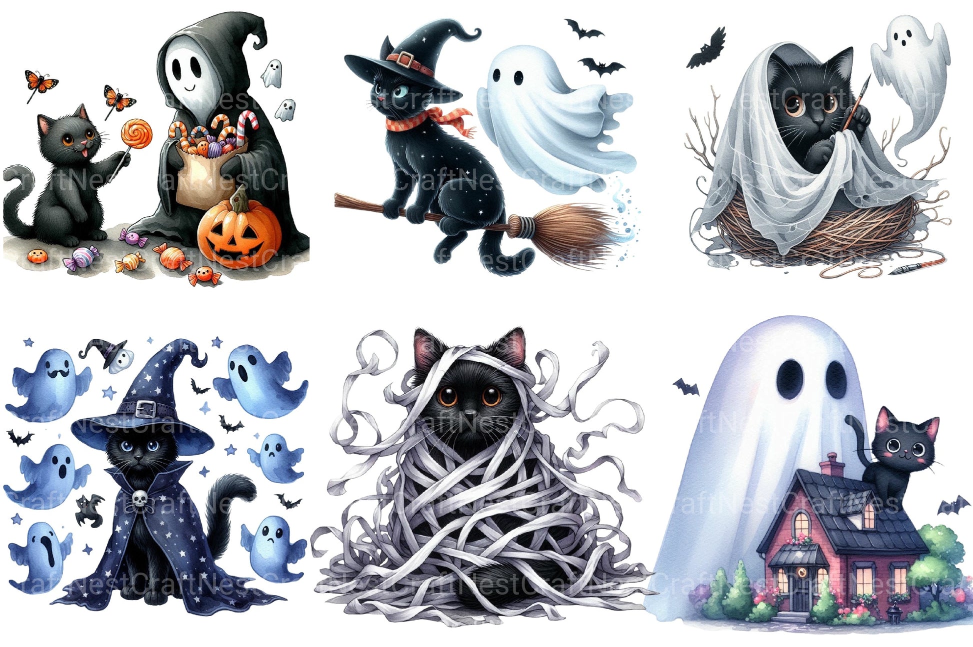 Funny Halloween Black Cat Ghost Clipart Bundle - CraftNest - Digital Crafting and Art