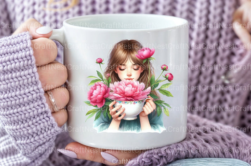 Girl with Peonies Flower Clipart Bundle 6 - CraftNest - Digital Crafting and Art