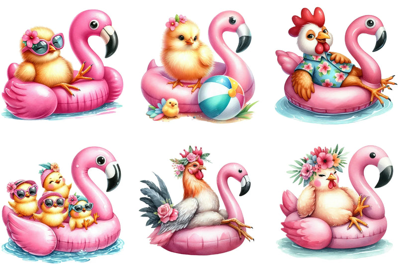 Cute Chickens on Flamingo Floats Clipart Bundle - CraftNest - Digital Crafting and Art