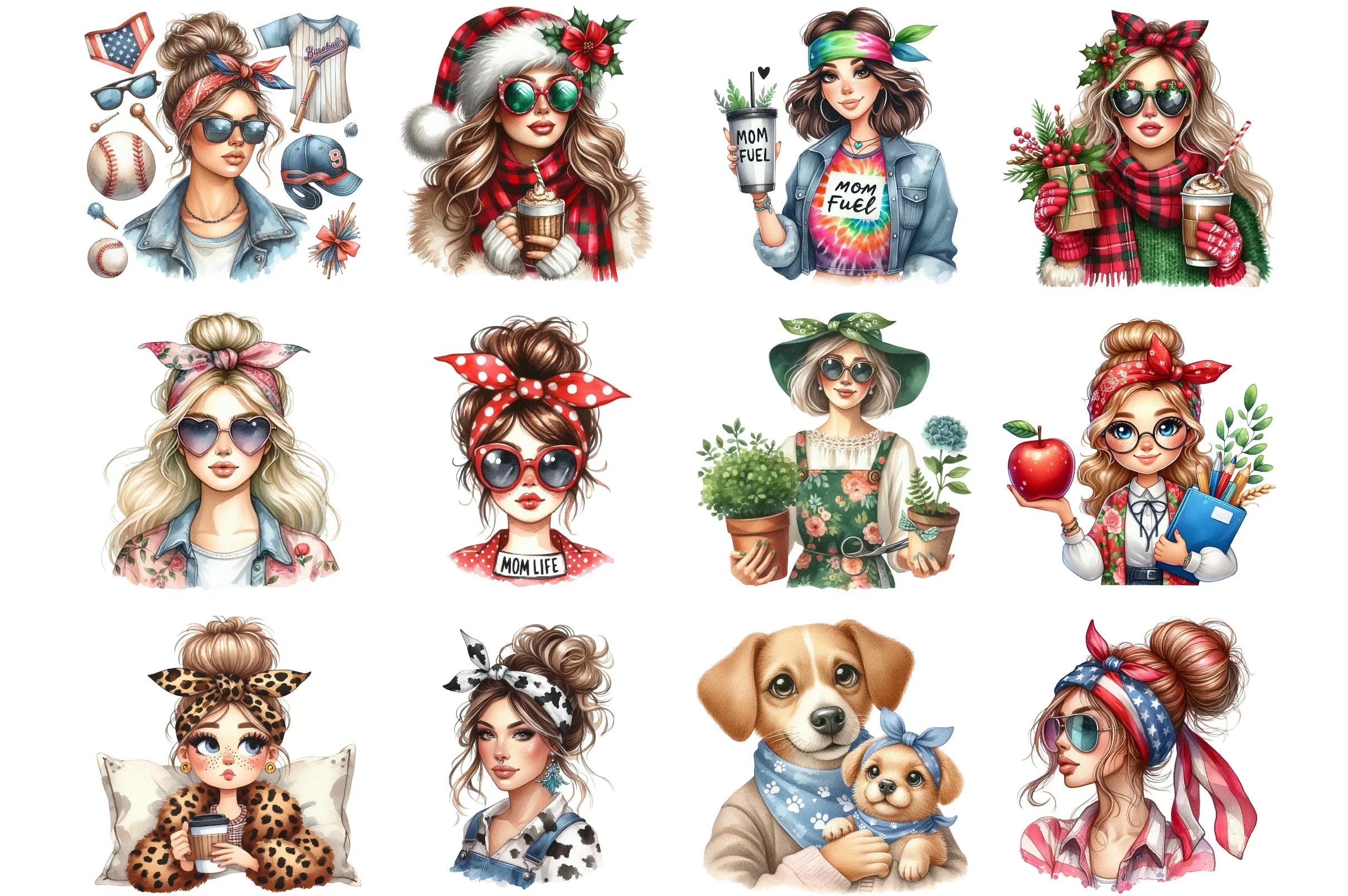 Messy Bun Bandana Mom Life Clipart Bundle - CraftNest - Digital Crafting and Art