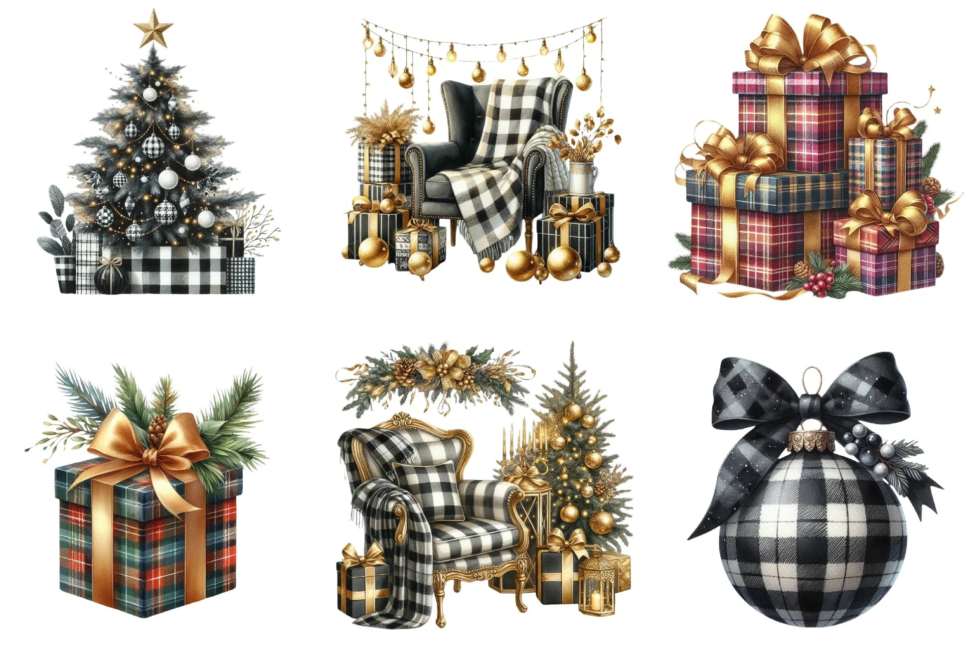 Luxury Plaid Black & White Christmas Clipart Bundle - CraftNest - Digital Crafting and Art