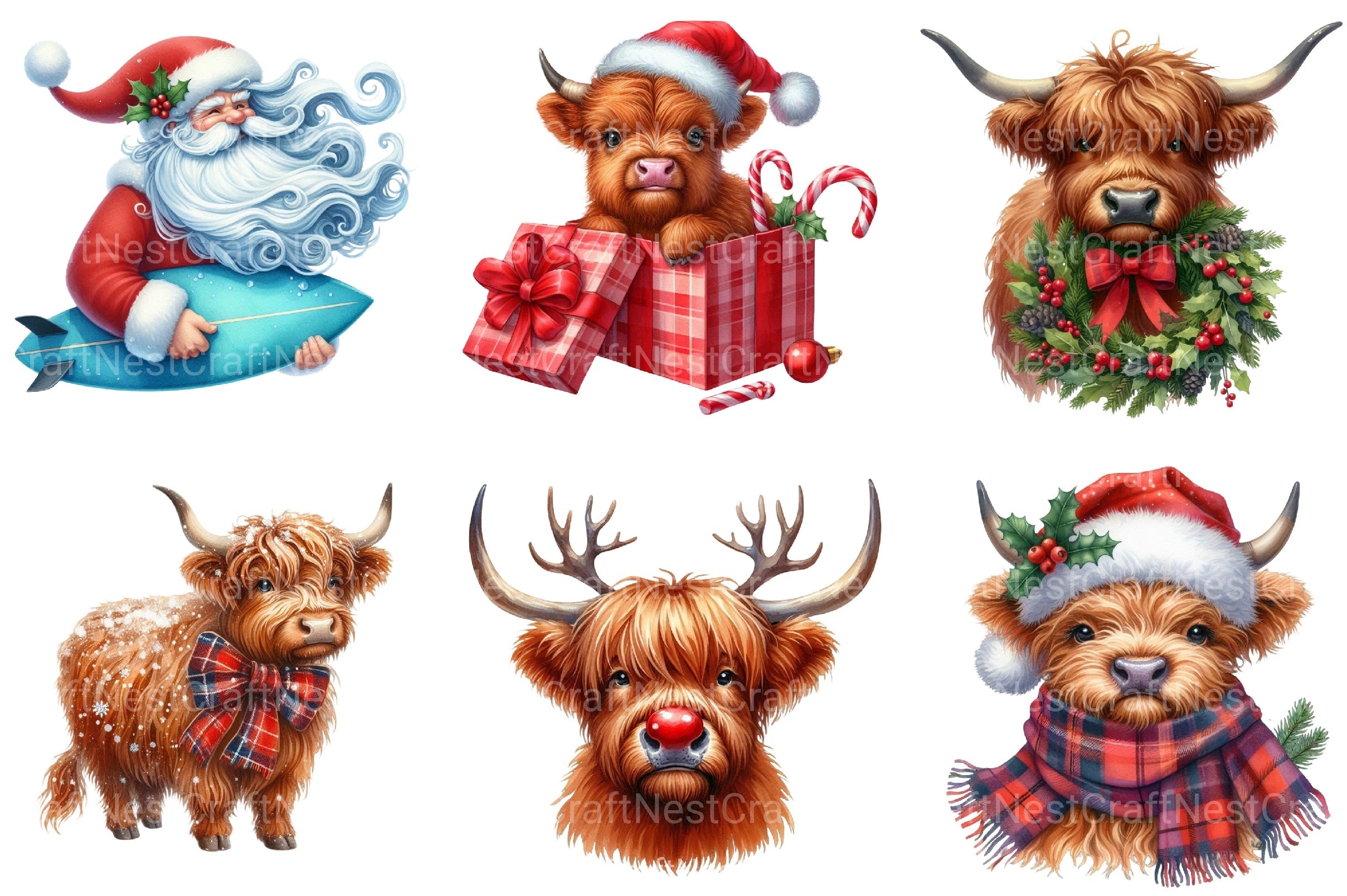 Christmas Highland Cow Clipart Bundle 99 - CraftNest - Digital Crafting and Art