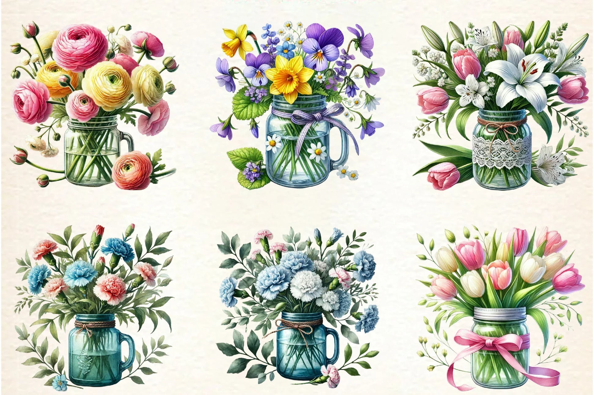 Spring Flower Bouquets in Jars Clipart Bundle - CraftNest - Digital Crafting and Art