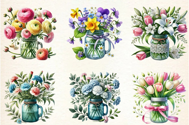 Spring Flower Bouquets in Jars Clipart Bundle - CraftNest - Digital Crafting and Art