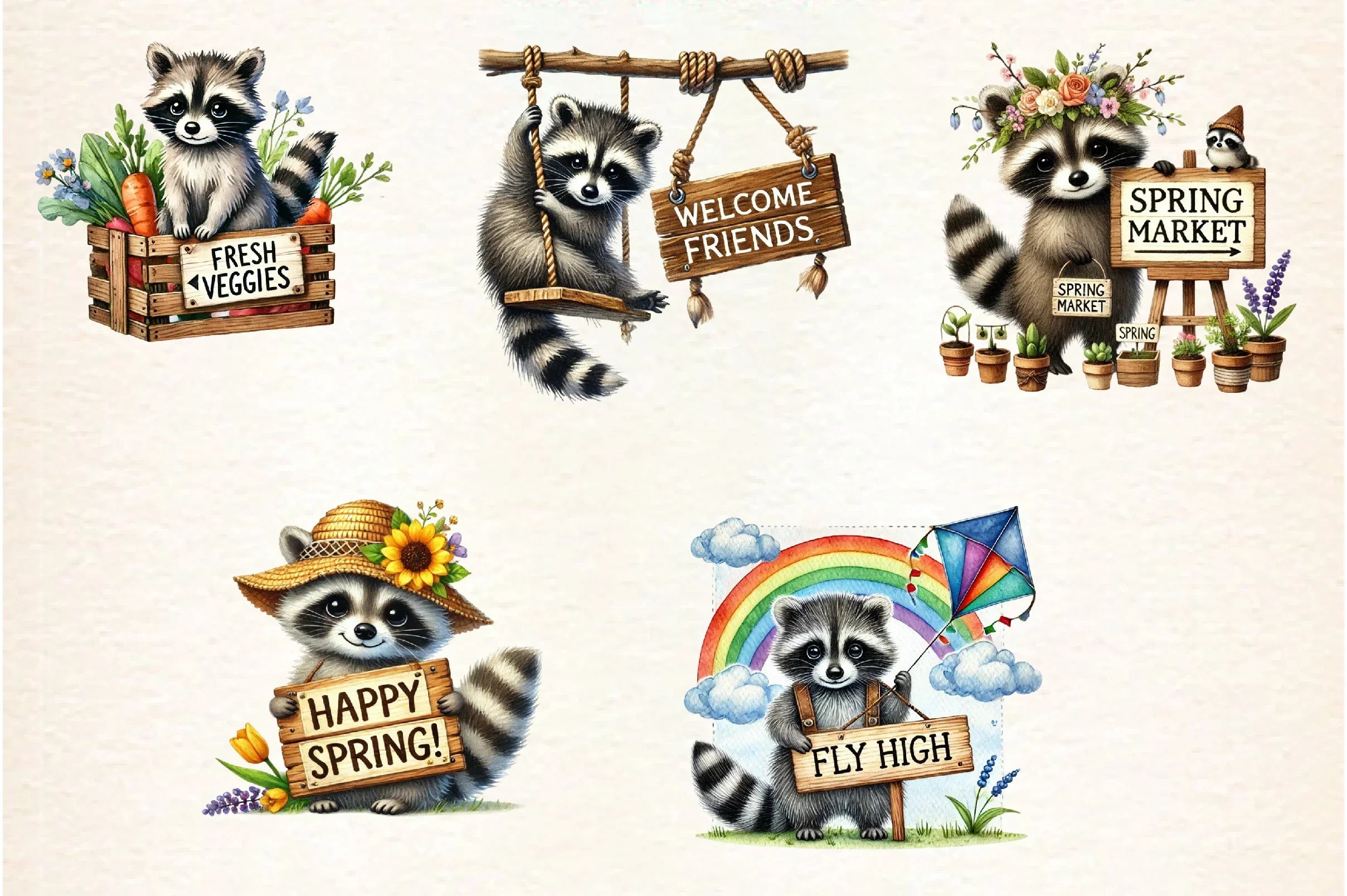 Spring Raccoon Wooden Signs Clipart Bundle - CraftNest - Digital Crafting and Art