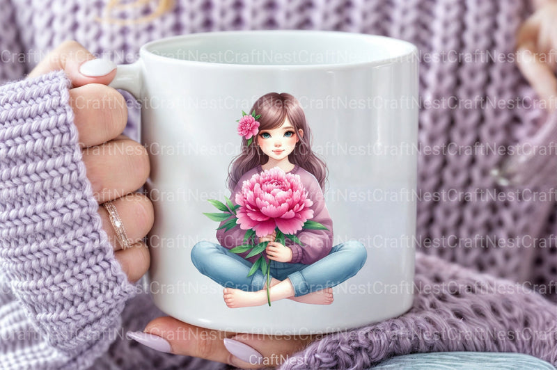 Girl with Peonies Flower Clipart Bundle 15 - CraftNest - Digital Crafting and Art