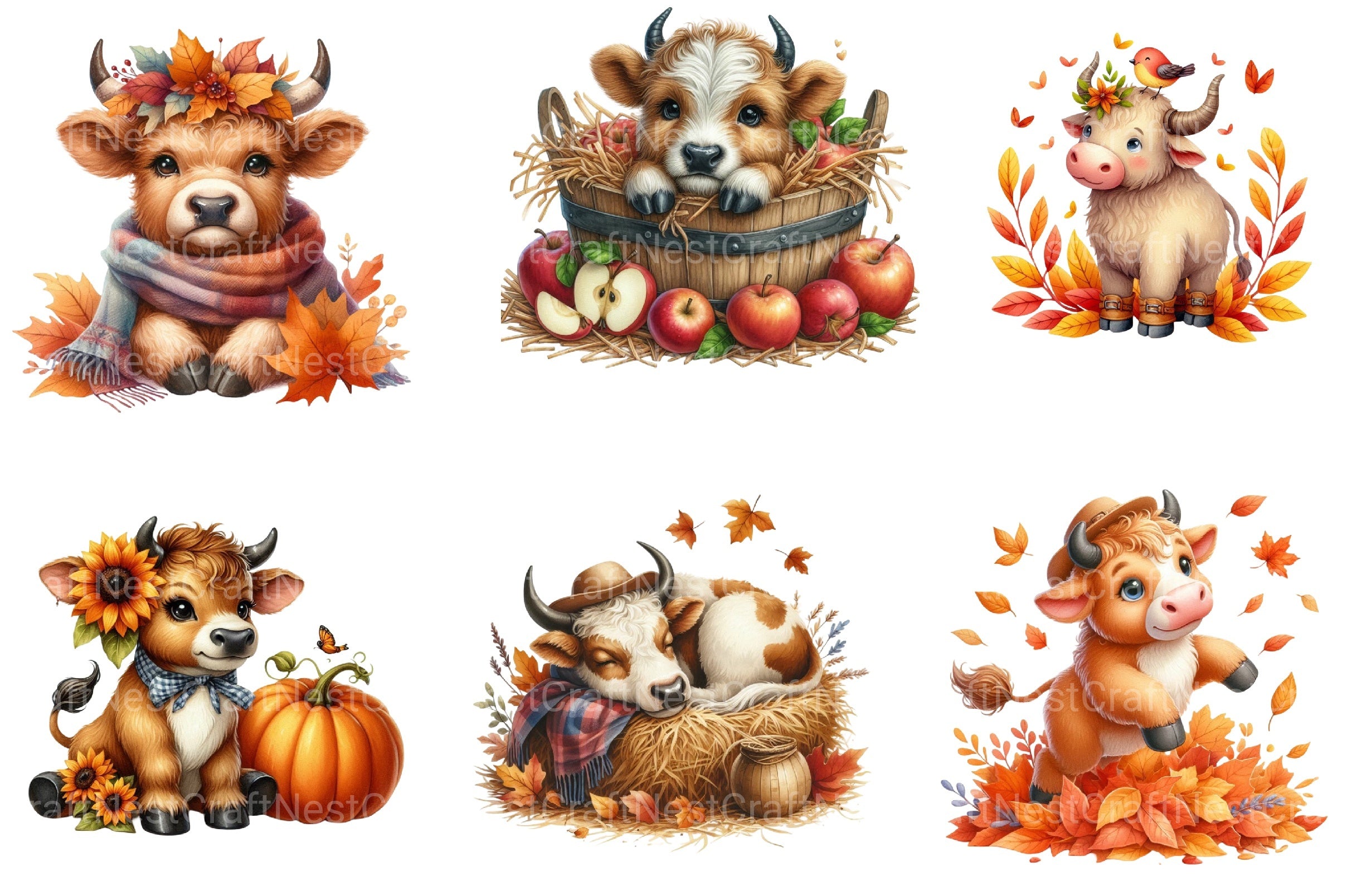 Autumn Cute Bull Clipart Bundle - CraftNest - Digital Crafting and Art