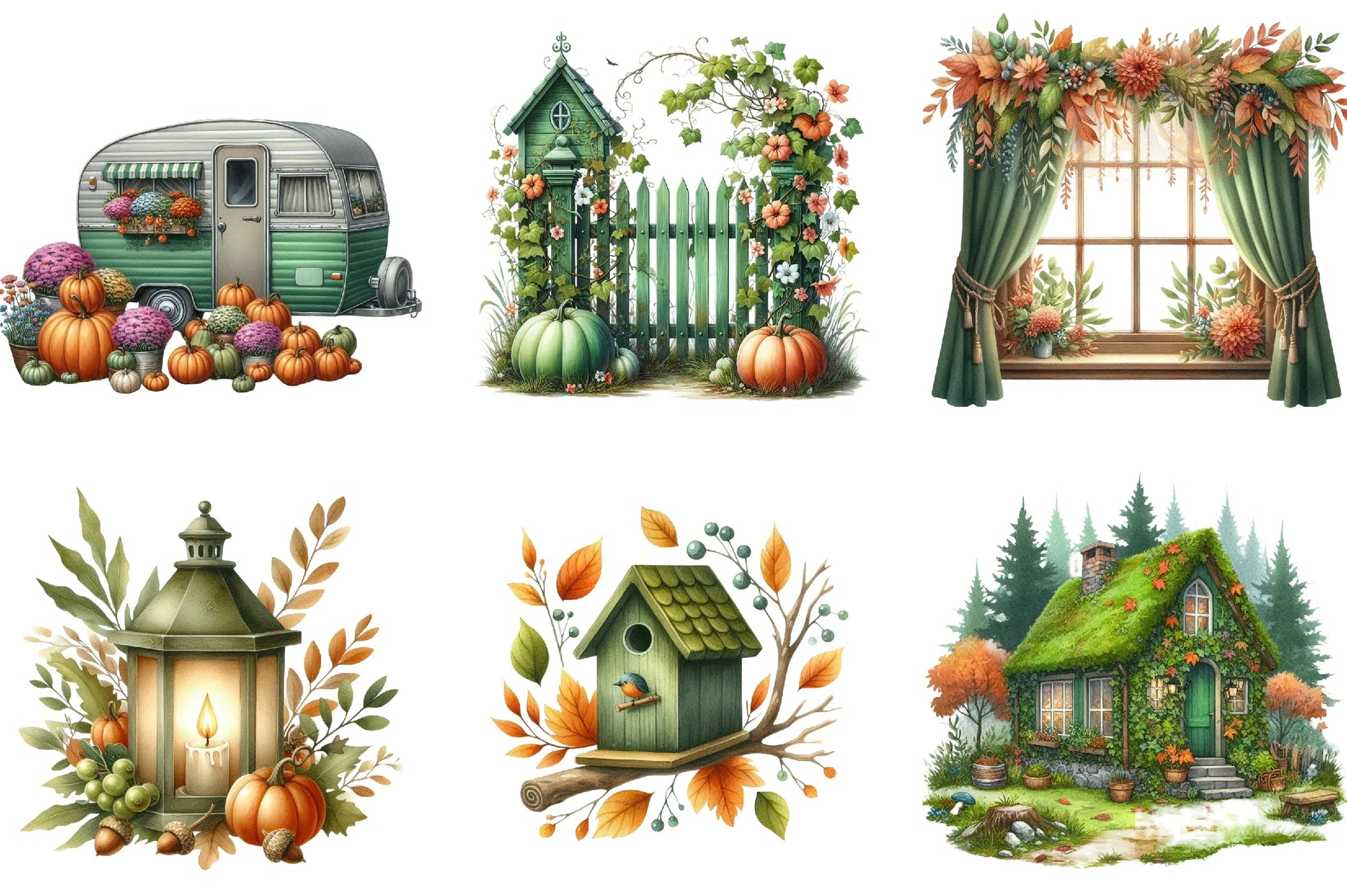 Green Autumn Cottage Clipart Bundle - CraftNest - Digital Crafting and Art