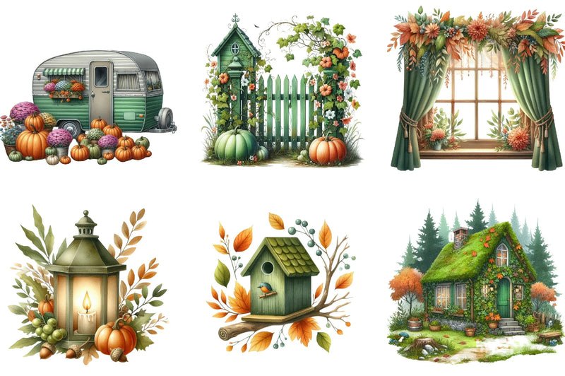 Green Autumn Cottage Clipart Bundle - CraftNest - Digital Crafting and Art