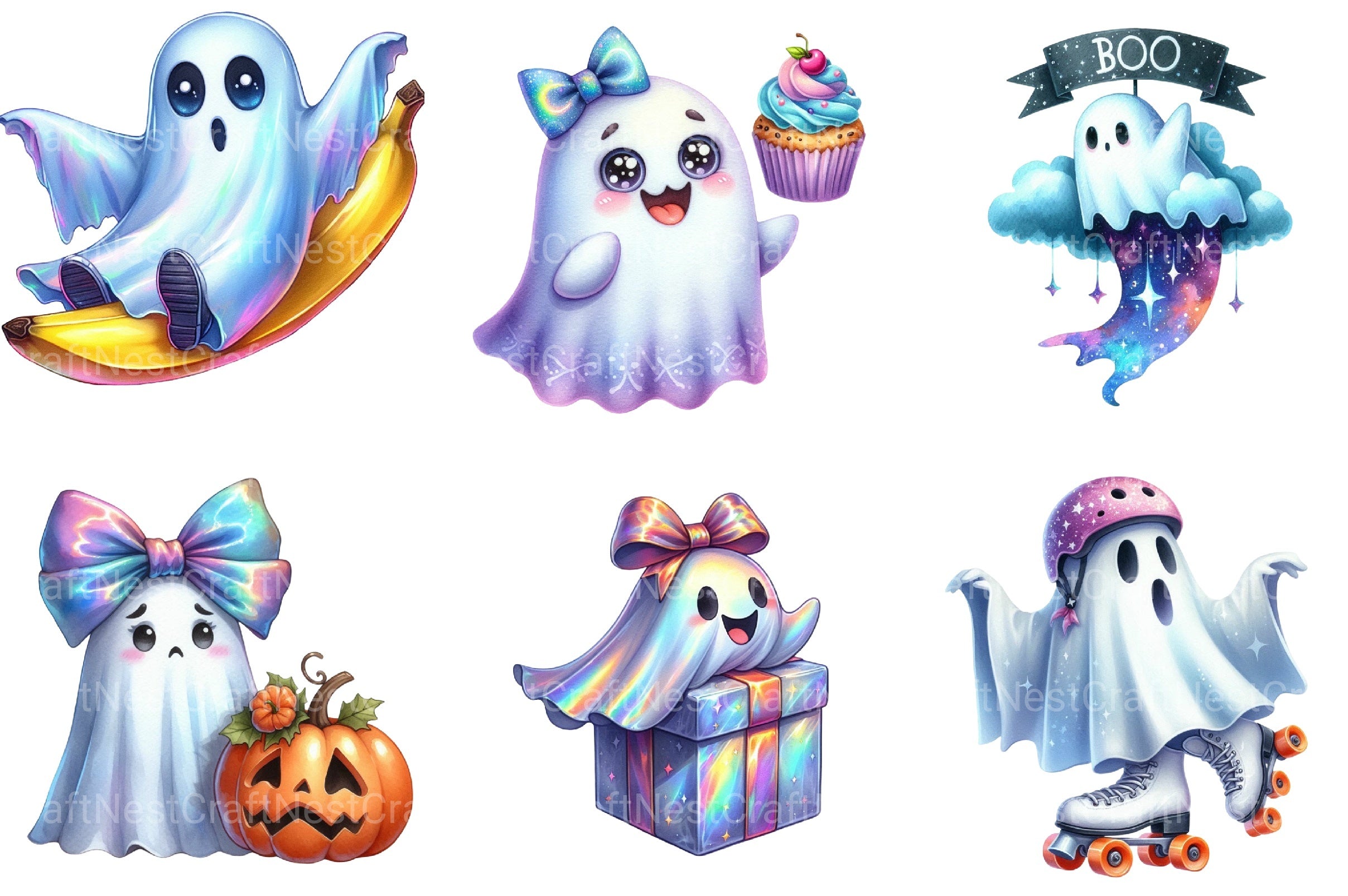 Funny Halloween Ghost Iridescent Clipart Bundle - CraftNest - Digital Crafting and Art