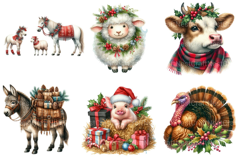 Vintage Christmas Farm Animal Clipart Bundle - CraftNest - Digital Crafting and Art