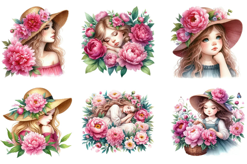 Girl with Peonies Flower Clipart Bundle - CraftNest - Digital Crafting and Art