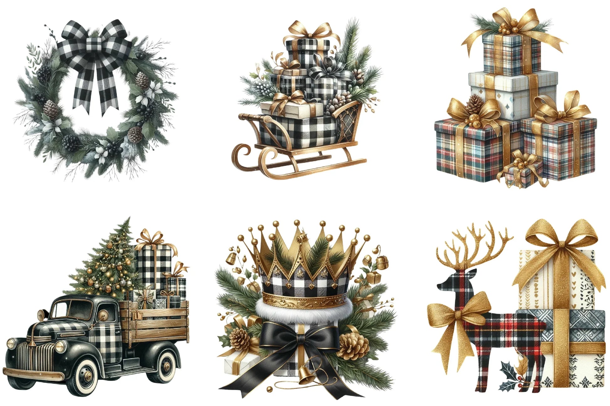 Luxury Plaid Black & White Christmas Clipart Bundle - CraftNest - Digital Crafting and Art