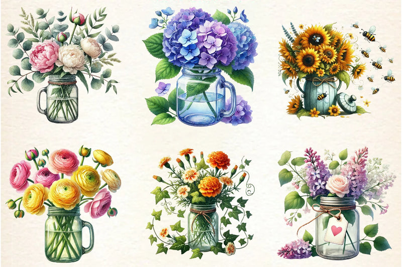 Spring Flower Bouquets in Jars Clipart Bundle - CraftNest - Digital Crafting and Art