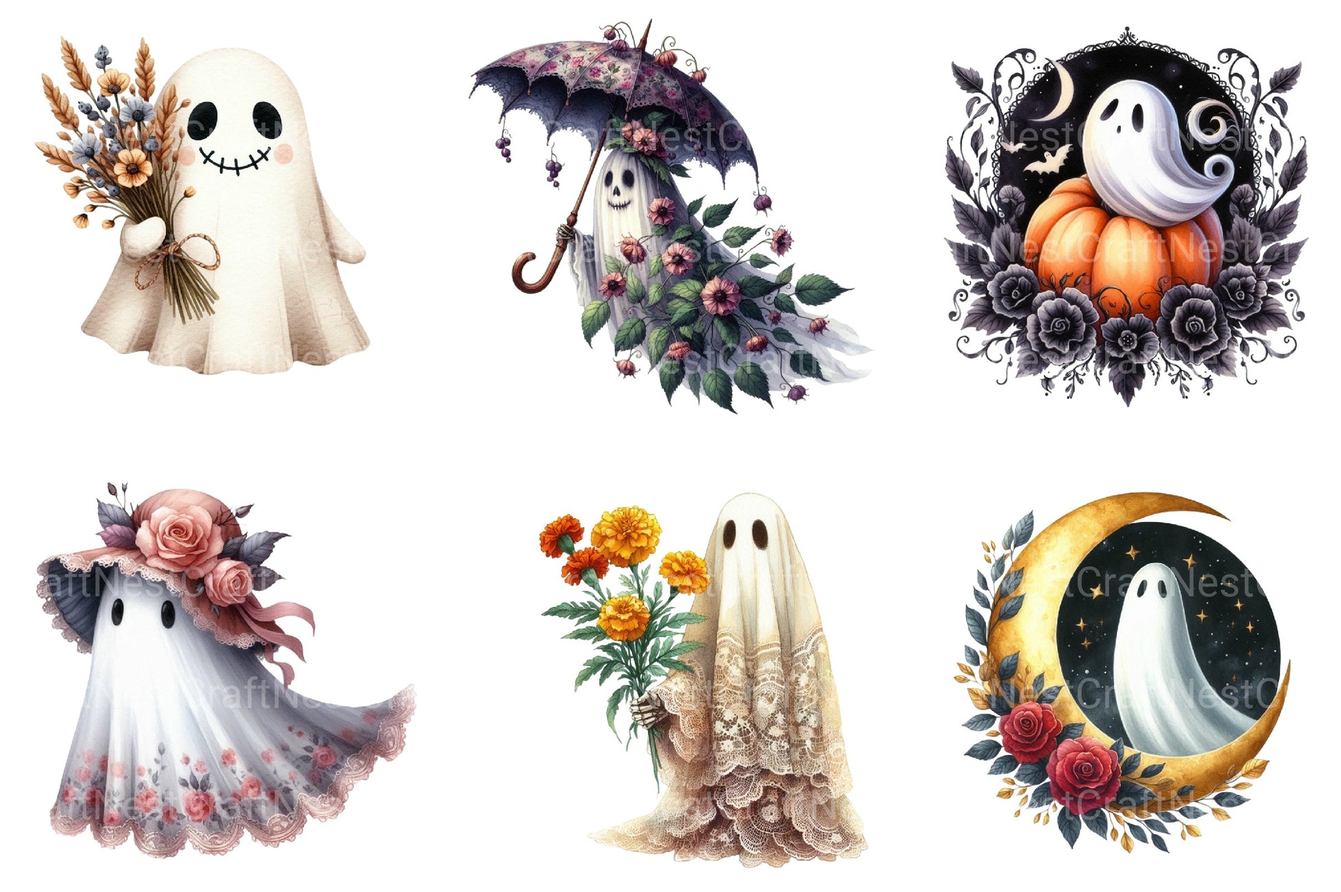 Vintage Halloween Ghost Floral Clipart Bundle - CraftNest - Digital Crafting and Art