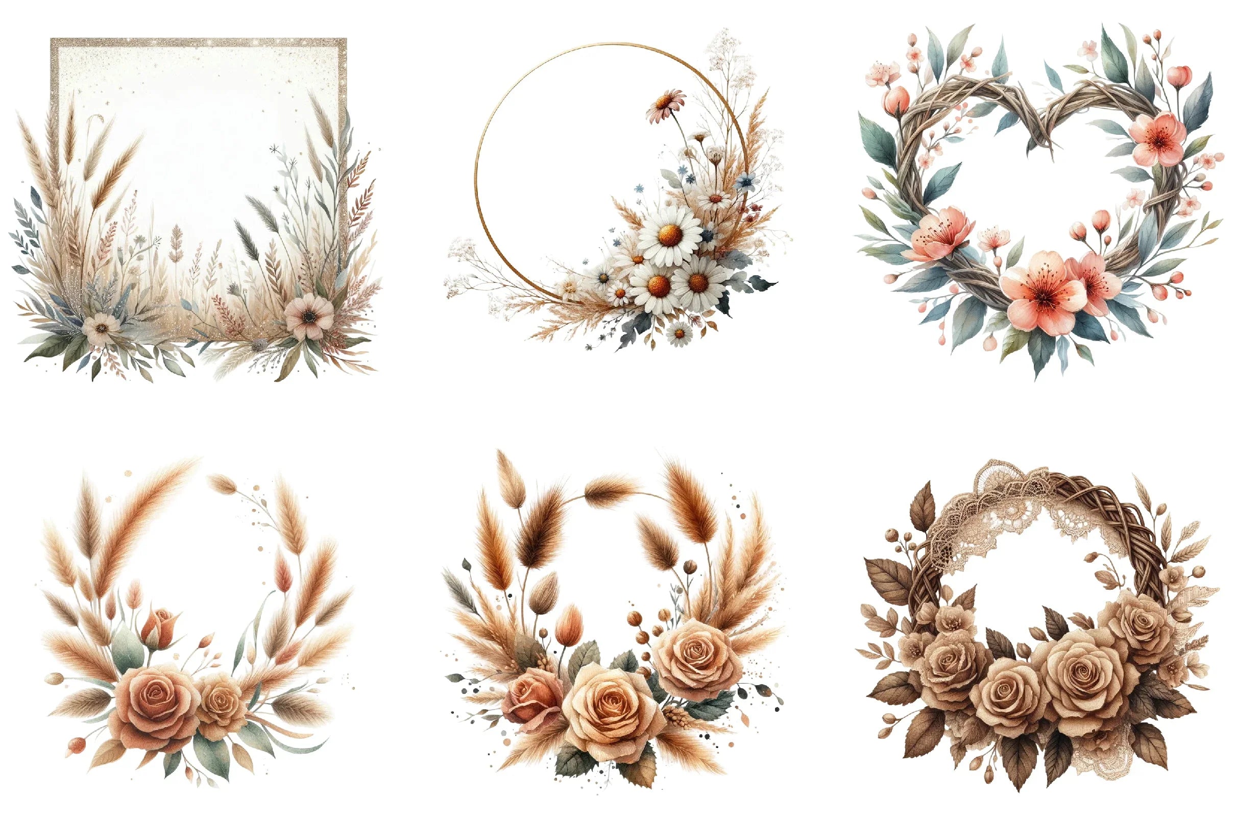Boho Floral Frame Border Wreath Clipart Bundle - CraftNest - Digital Crafting and Art